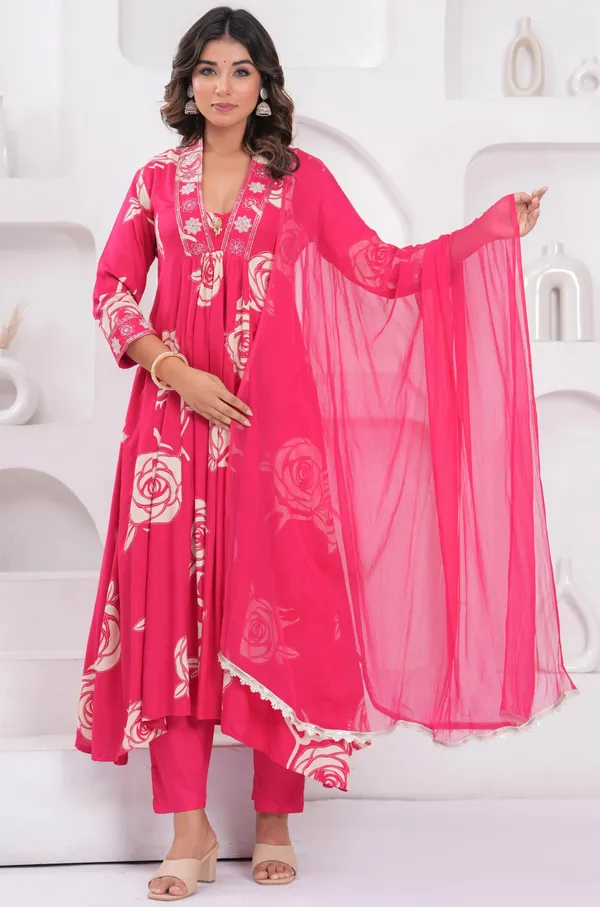 Womens_Pink_Floral_Printed_Rayon_Kurti_Pant_Dupatta_Set_With_Embroidered_V-Neck