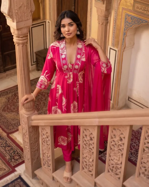 Womens_Pink_Floral_Printed_Rayon_Kurti_Pant_Dupatta_Set_With_Embroidered_V-Neck