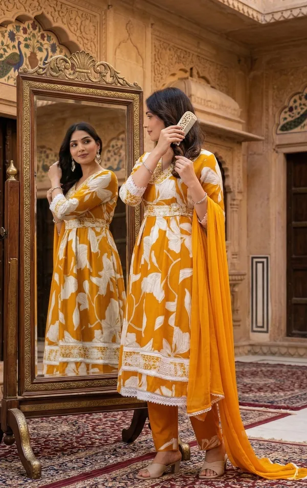 Womens_Mustard_Yellow_Floral_Printed_Rayon_Kurti_Pant_Dupatta_Set_With_Embroidered_V-Neck_And_Waist_Tie-Up_Detail