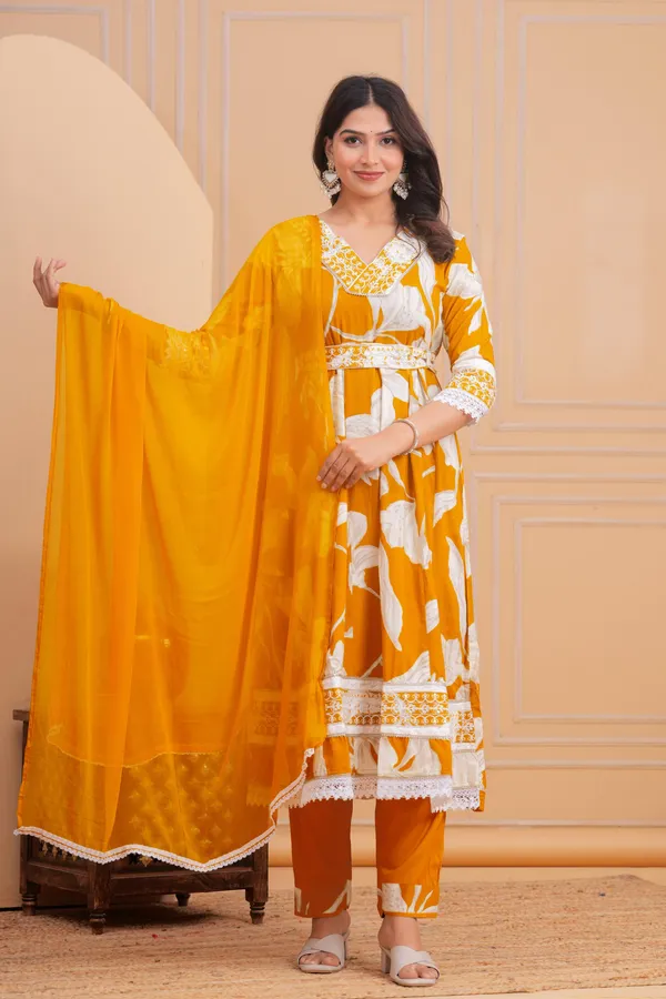 Womens_Mustard_Yellow_Floral_Printed_Rayon_Kurti_Pant_Dupatta_Set_With_Embroidered_V-Neck_And_Waist_Tie-Up_Detail