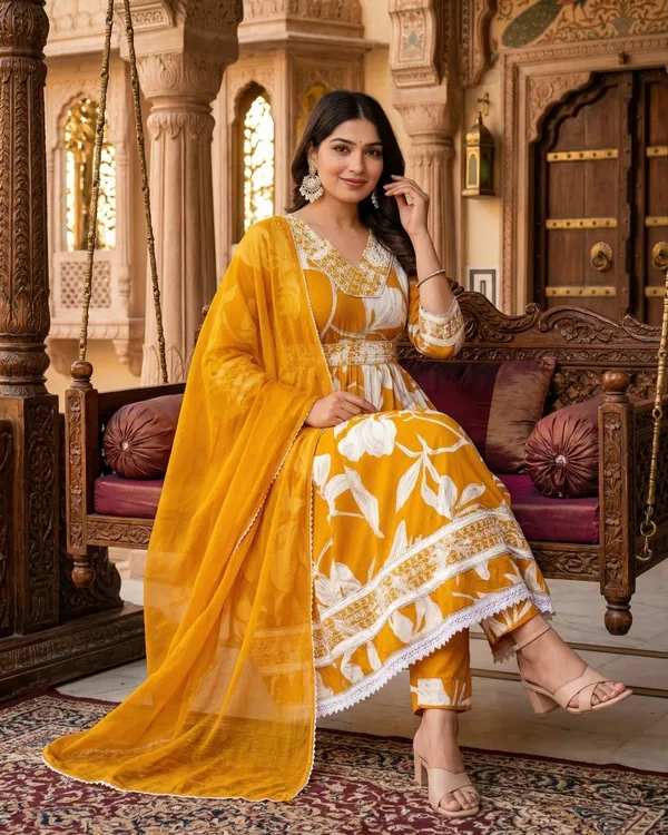 Womens_Mustard_Yellow_Floral_Printed_Rayon_Kurti_Pant_Dupatta_Set_With_Embroidered_V-Neck_And_Waist_Tie-Up_Detail