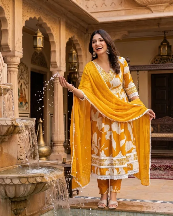 Womens_Mustard_Yellow_Floral_Printed_Rayon_Kurti_Pant_Dupatta_Set_With_Embroidered_V-Neck_And_Waist_Tie-Up_Detail
