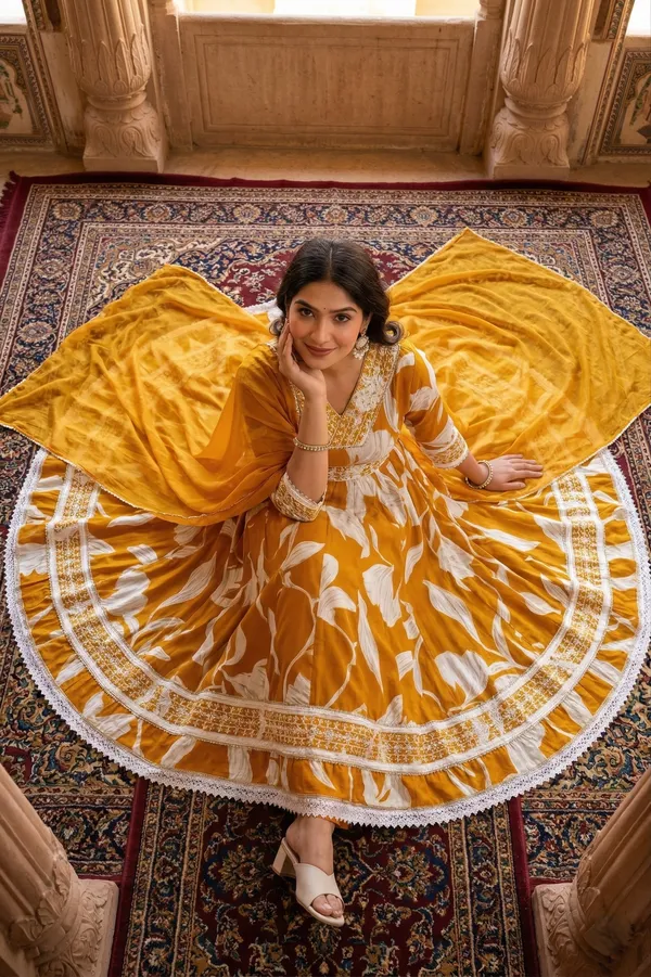 Womens_Mustard_Yellow_Floral_Printed_Rayon_Kurti_Pant_Dupatta_Set_With_Embroidered_V-Neck_And_Waist_Tie-Up_Detail