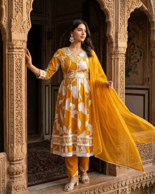 Womens_Mustard_Yellow_Floral_Printed_Rayon_Kurti_Pant_Dupatta_Set_With_Embroidered_V-Neck_And_Waist_Tie-Up_Detail