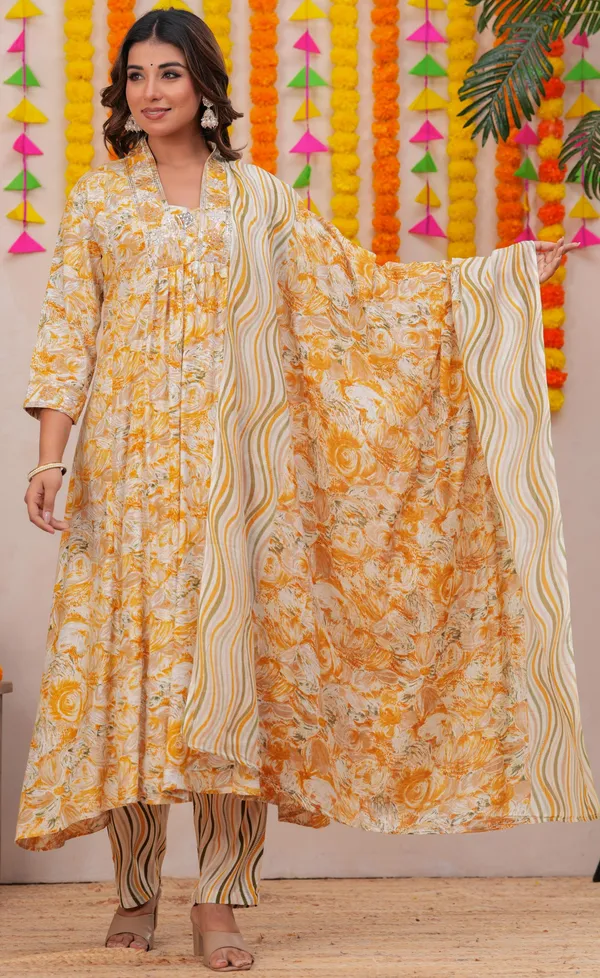 Womens_Mustard_Yellow_Floral_Printed_Rayon_Kurti_Pant_Dupatta_Set_With_Embroidered_Round_Neck_And_Gathered_Flared_Style
