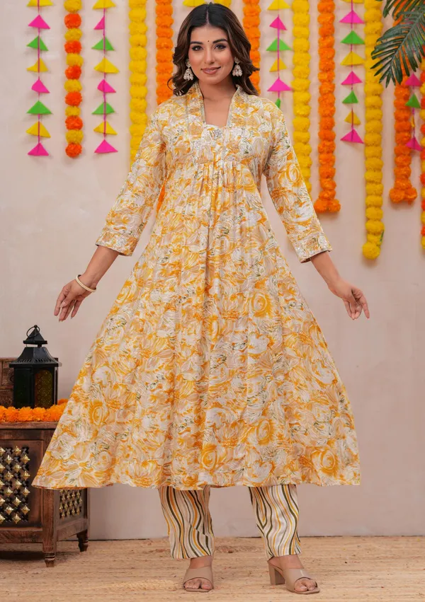 Womens_Mustard_Yellow_Floral_Printed_Rayon_Kurti_Pant_Dupatta_Set_With_Embroidered_Round_Neck_And_Gathered_Flared_Style