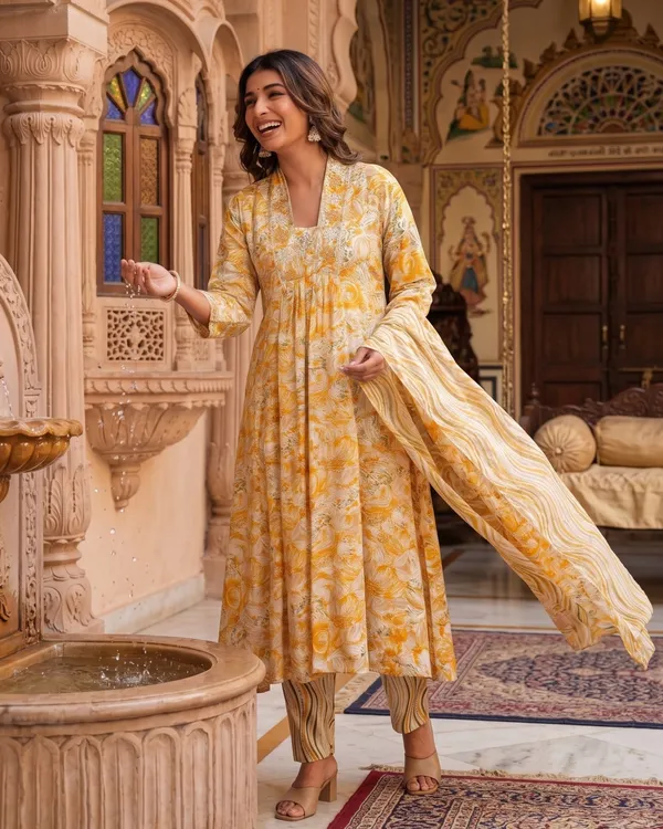 Womens_Mustard_Yellow_Floral_Printed_Rayon_Kurti_Pant_Dupatta_Set_With_Embroidered_Round_Neck_And_Gathered_Flared_Style