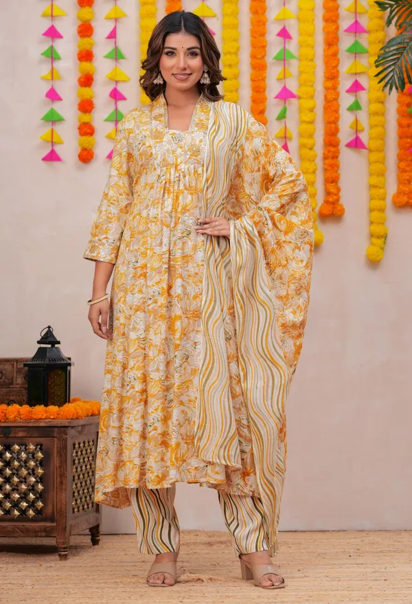 Womens_Mustard_Yellow_Floral_Printed_Rayon_Kurti_Pant_Dupatta_Set_With_Embroidered_Round_Neck_And_Gathered_Flared_Style