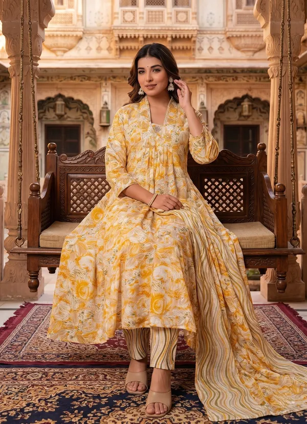Womens_Mustard_Yellow_Floral_Printed_Rayon_Kurti_Pant_Dupatta_Set_With_Embroidered_Round_Neck_And_Gathered_Flared_Style
