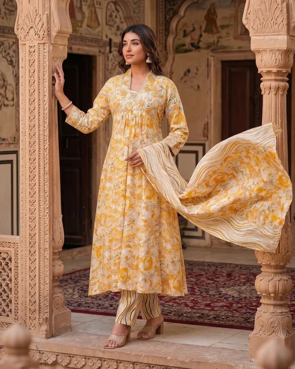 Womens_Mustard_Yellow_Floral_Printed_Rayon_Kurti_Pant_Dupatta_Set_With_Embroidered_Round_Neck_And_Gathered_Flared_Style