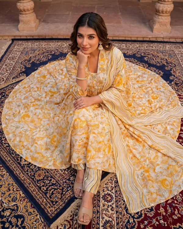 Womens_Mustard_Yellow_Floral_Printed_Rayon_Kurti_Pant_Dupatta_Set_With_Embroidered_Round_Neck_And_Gathered_Flared_Style