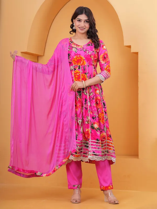 Womens_Pink_Floral_Printed_Rayon_Kurti_Pant_Dupatta_Set_With_Embroidered_Round_Neck_And_Panel_Design