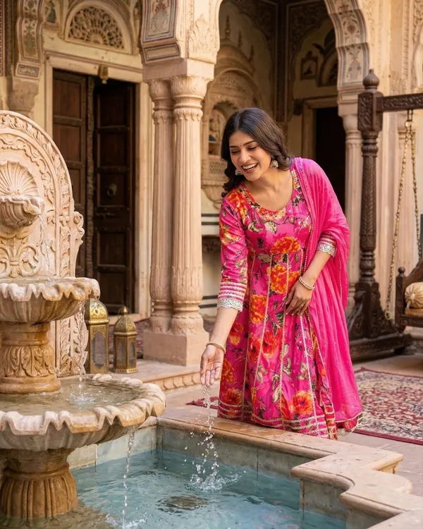 Womens_Pink_Floral_Printed_Rayon_Kurti_Pant_Dupatta_Set_With_Embroidered_Round_Neck_And_Panel_Design