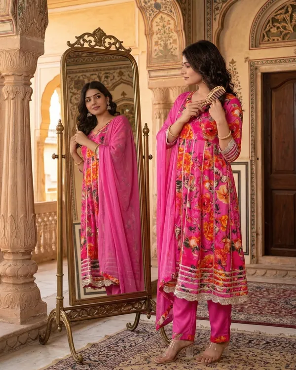 Womens_Pink_Floral_Printed_Rayon_Kurti_Pant_Dupatta_Set_With_Embroidered_Round_Neck_And_Panel_Design