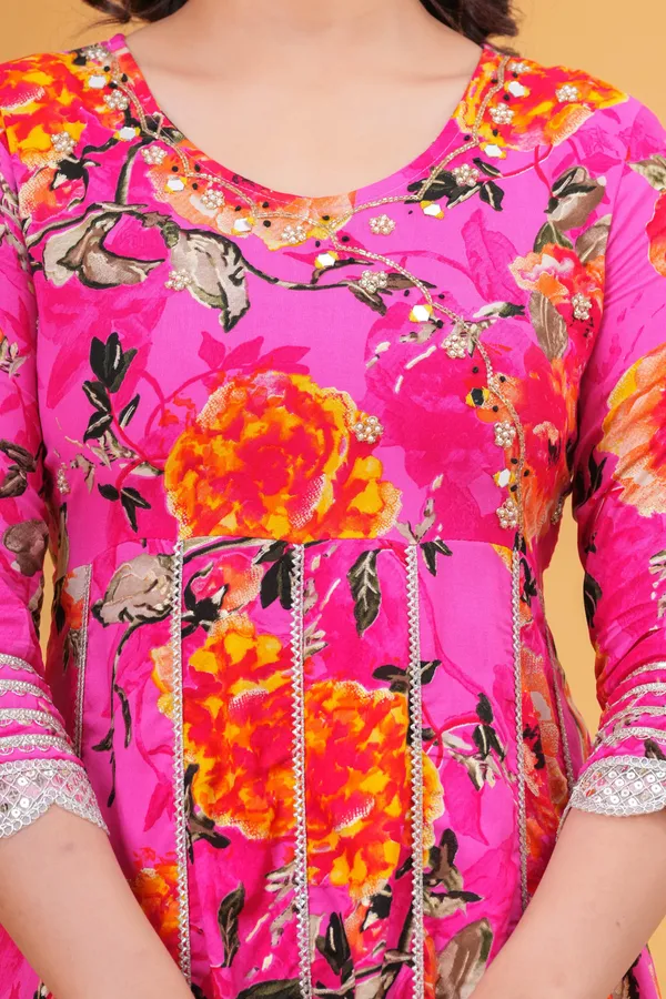 Womens_Pink_Floral_Printed_Rayon_Kurti_Pant_Dupatta_Set_With_Embroidered_Round_Neck_And_Panel_Design