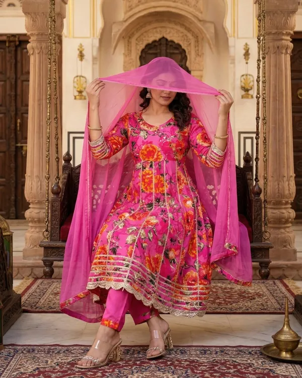 Womens_Pink_Floral_Printed_Rayon_Kurti_Pant_Dupatta_Set_With_Embroidered_Round_Neck_And_Panel_Design