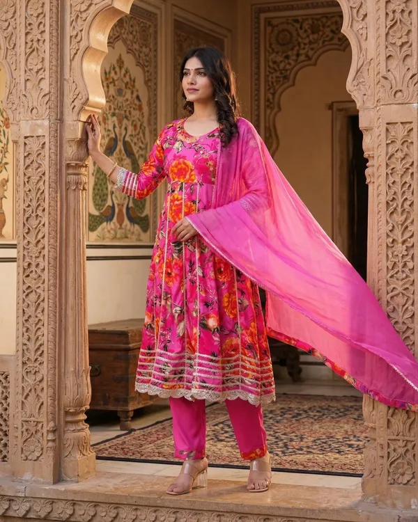 Womens_Pink_Floral_Printed_Rayon_Kurti_Pant_Dupatta_Set_With_Embroidered_Round_Neck_And_Panel_Design