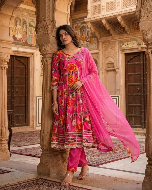 Womens_Pink_Floral_Printed_Rayon_Kurti_Pant_Dupatta_Set_With_Embroidered_Round_Neck_And_Panel_Design