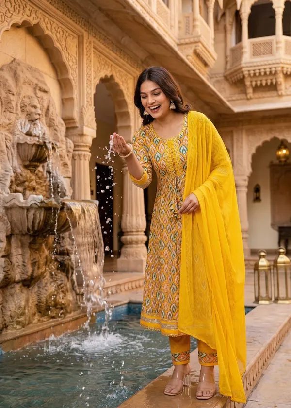Womens_Mustard_Yellow_Printed_Rayon_Kurti_Pant_Dupatta_Set_With_Round_Neck_Lace_Detail_And_Tie-Up_Design