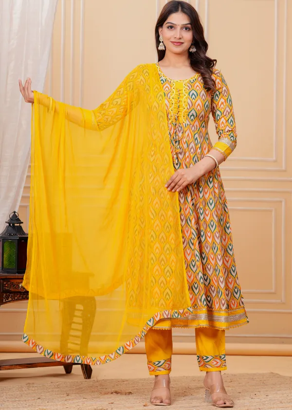 Womens_Mustard_Yellow_Printed_Rayon_Kurti_Pant_Dupatta_Set_With_Round_Neck_Lace_Detail_And_Tie-Up_Design