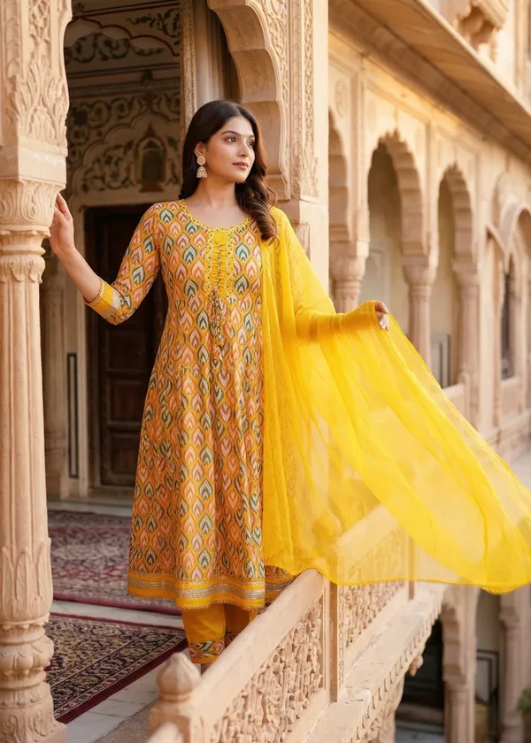 Womens_Mustard_Yellow_Printed_Rayon_Kurti_Pant_Dupatta_Set_With_Round_Neck_Lace_Detail_And_Tie-Up_Design