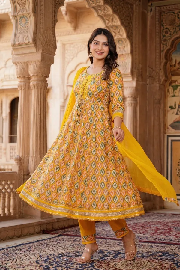Womens_Mustard_Yellow_Printed_Rayon_Kurti_Pant_Dupatta_Set_With_Round_Neck_Lace_Detail_And_Tie-Up_Design
