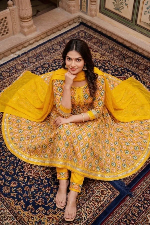 Womens_Mustard_Yellow_Printed_Rayon_Kurti_Pant_Dupatta_Set_With_Round_Neck_Lace_Detail_And_Tie-Up_Design