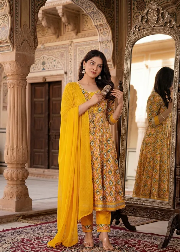 Womens_Mustard_Yellow_Printed_Rayon_Kurti_Pant_Dupatta_Set_With_Round_Neck_Lace_Detail_And_Tie-Up_Design