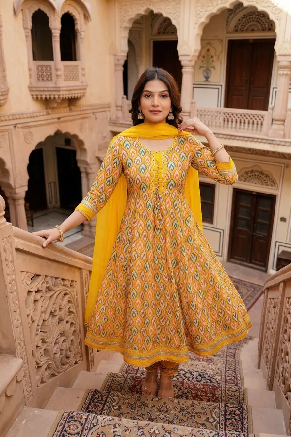 Womens_Mustard_Yellow_Printed_Rayon_Kurti_Pant_Dupatta_Set_With_Round_Neck_Lace_Detail_And_Tie-Up_Design