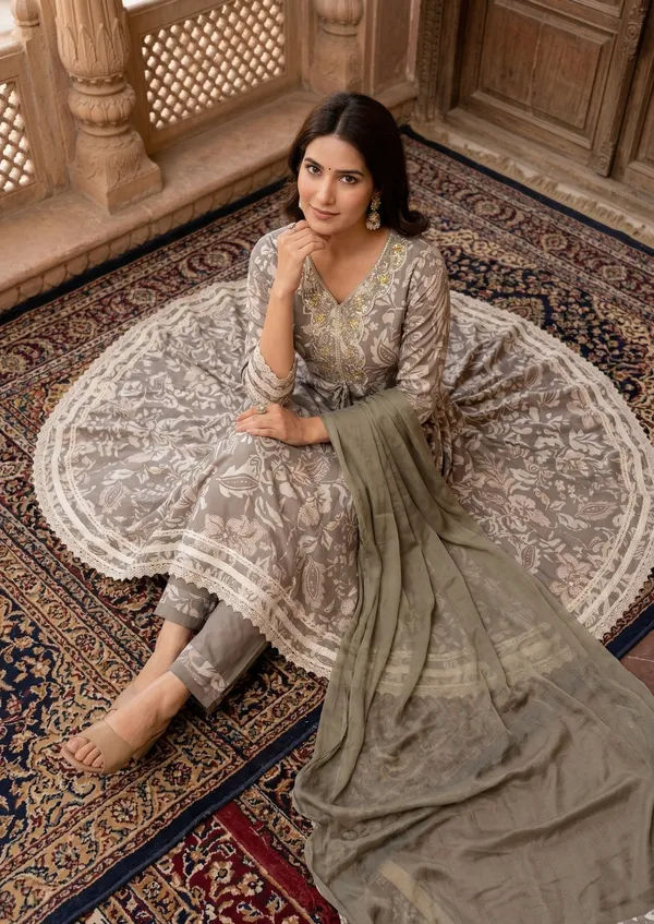 Womens_Taupe_Grey_Floral_Printed_Rayon_Kurti_Pant_Dupatta_Set_With_V-Neck_Embroidered_Panel_And_Flared_Design