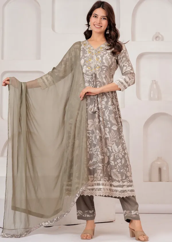 Womens_Taupe_Grey_Floral_Printed_Rayon_Kurti_Pant_Dupatta_Set_With_V-Neck_Embroidered_Panel_And_Flared_Design