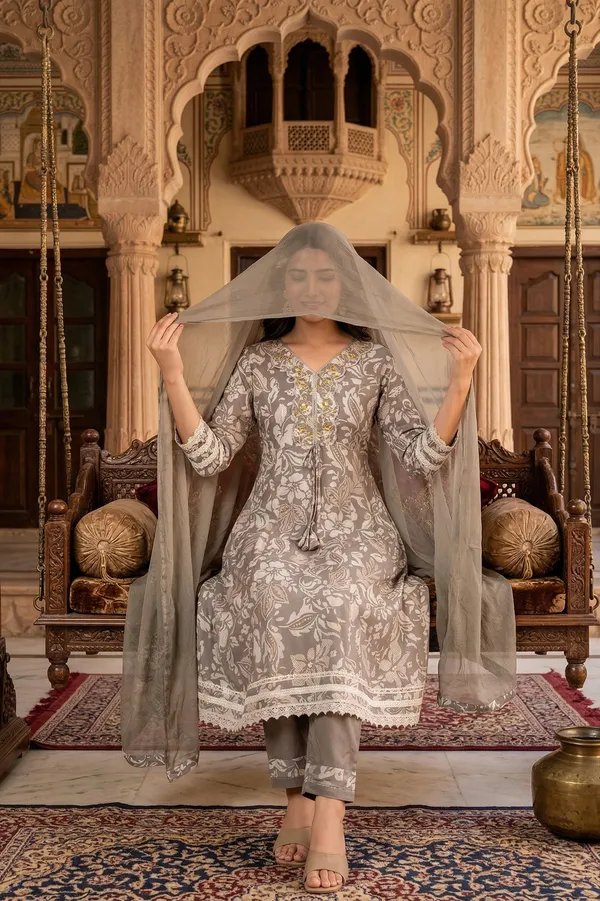 Womens_Taupe_Grey_Floral_Printed_Rayon_Kurti_Pant_Dupatta_Set_With_V-Neck_Embroidered_Panel_And_Flared_Design