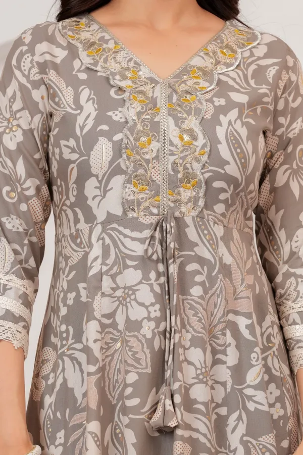 Womens_Taupe_Grey_Floral_Printed_Rayon_Kurti_Pant_Dupatta_Set_With_V-Neck_Embroidered_Panel_And_Flared_Design