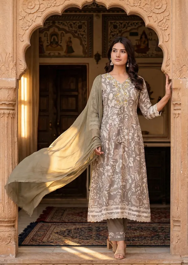 Womens_Taupe_Grey_Floral_Printed_Rayon_Kurti_Pant_Dupatta_Set_With_V-Neck_Embroidered_Panel_And_Flared_Design