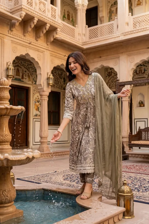 Womens_Taupe_Grey_Floral_Printed_Rayon_Kurti_Pant_Dupatta_Set_With_V-Neck_Embroidered_Panel_And_Flared_Design