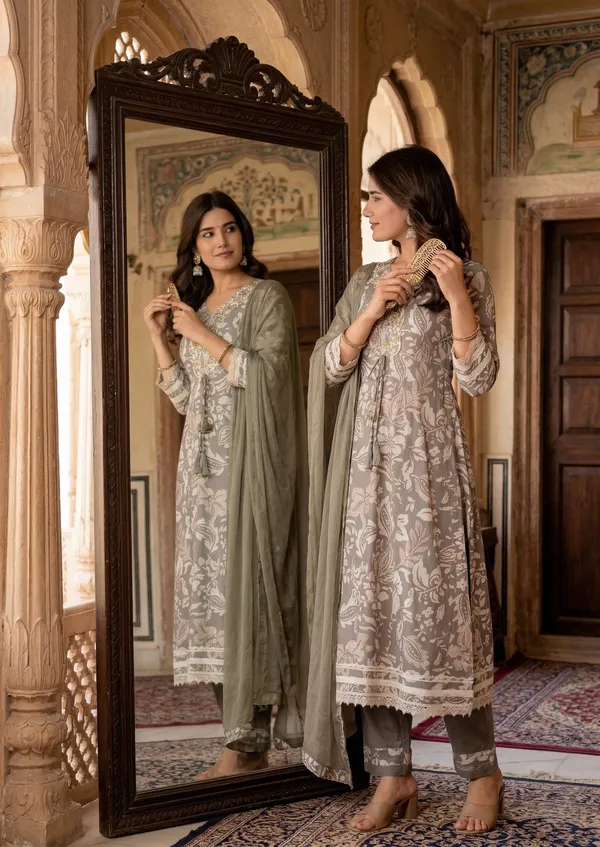Womens_Taupe_Grey_Floral_Printed_Rayon_Kurti_Pant_Dupatta_Set_With_V-Neck_Embroidered_Panel_And_Flared_Design