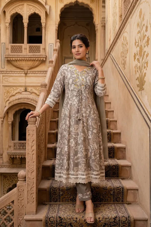 Womens_Taupe_Grey_Floral_Printed_Rayon_Kurti_Pant_Dupatta_Set_With_V-Neck_Embroidered_Panel_And_Flared_Design