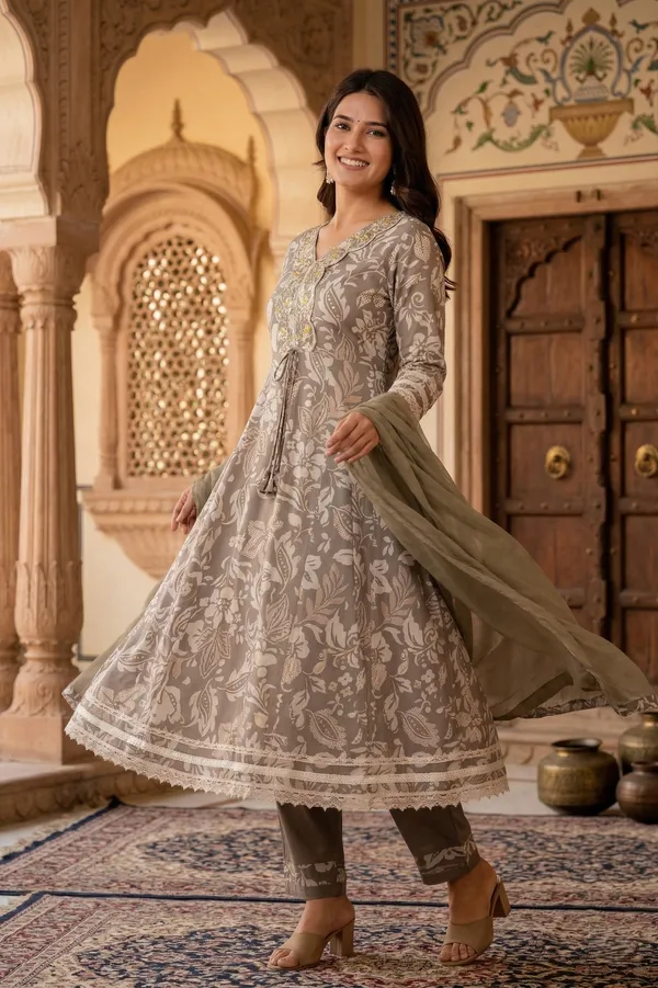 Womens_Taupe_Grey_Floral_Printed_Rayon_Kurti_Pant_Dupatta_Set_With_V-Neck_Embroidered_Panel_And_Flared_Design