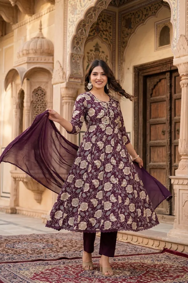 Womens_Wine_Floral_Printed_Rayon_Kurti_Pant_Dupatta_Set_With_Embroidered_Round_Neck_And_Flared_Design