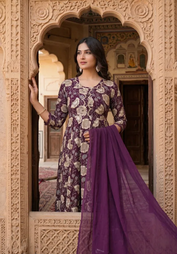 Womens_Wine_Floral_Printed_Rayon_Kurti_Pant_Dupatta_Set_With_Embroidered_Round_Neck_And_Flared_Design