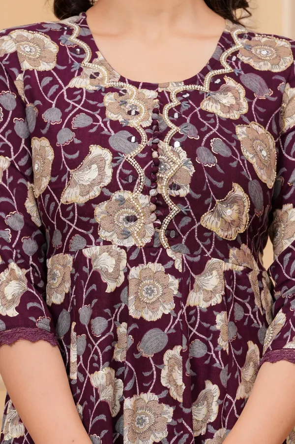 Womens_Wine_Floral_Printed_Rayon_Kurti_Pant_Dupatta_Set_With_Embroidered_Round_Neck_And_Flared_Design