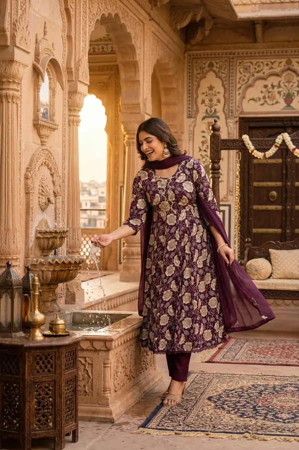 Womens_Wine_Floral_Printed_Rayon_Kurti_Pant_Dupatta_Set_With_Embroidered_Round_Neck_And_Flared_Design