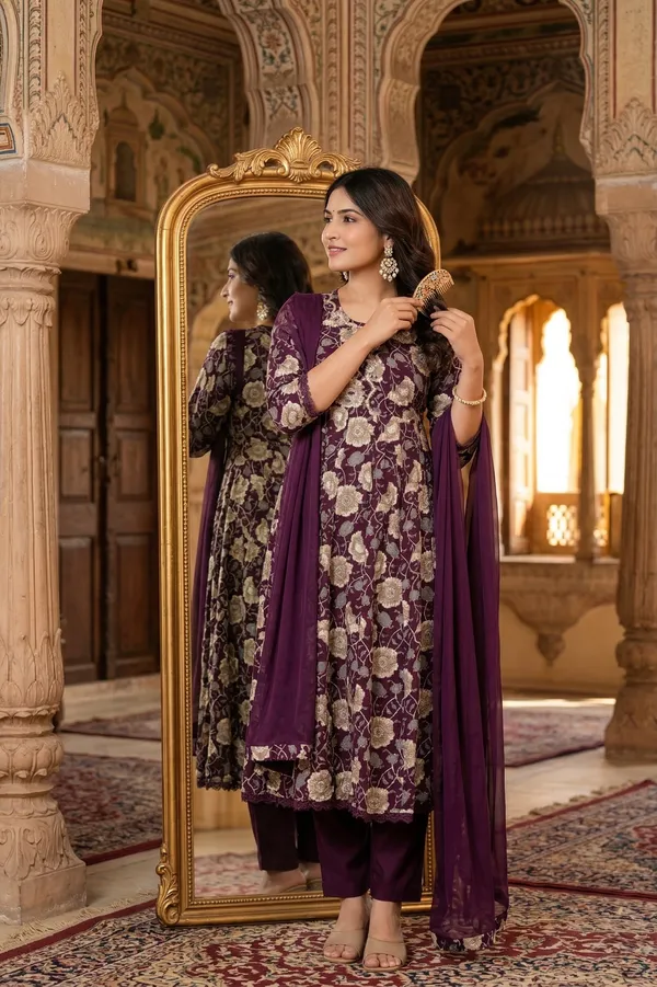 Womens_Wine_Floral_Printed_Rayon_Kurti_Pant_Dupatta_Set_With_Embroidered_Round_Neck_And_Flared_Design
