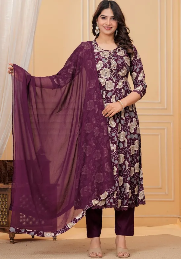 Womens_Wine_Floral_Printed_Rayon_Kurti_Pant_Dupatta_Set_With_Embroidered_Round_Neck_And_Flared_Design