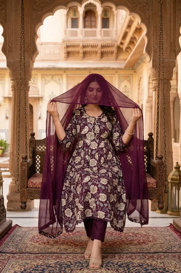 Womens_Wine_Floral_Printed_Rayon_Kurti_Pant_Dupatta_Set_With_Embroidered_Round_Neck_And_Flared_Design