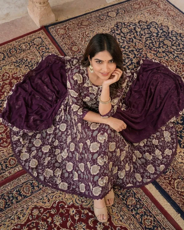 Womens_Wine_Floral_Printed_Rayon_Kurti_Pant_Dupatta_Set_With_Embroidered_Round_Neck_And_Flared_Design