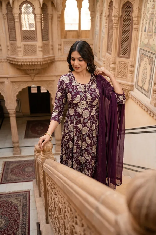 Womens_Wine_Floral_Printed_Rayon_Kurti_Pant_Dupatta_Set_With_Embroidered_Round_Neck_And_Flared_Design