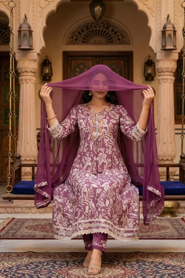 Womens_Mauve_Floral_Printed_Rayon_Kurti_Pant_Dupatta_Set_With_V-Neck_Embroidered_Panel_And_Flared_Design
