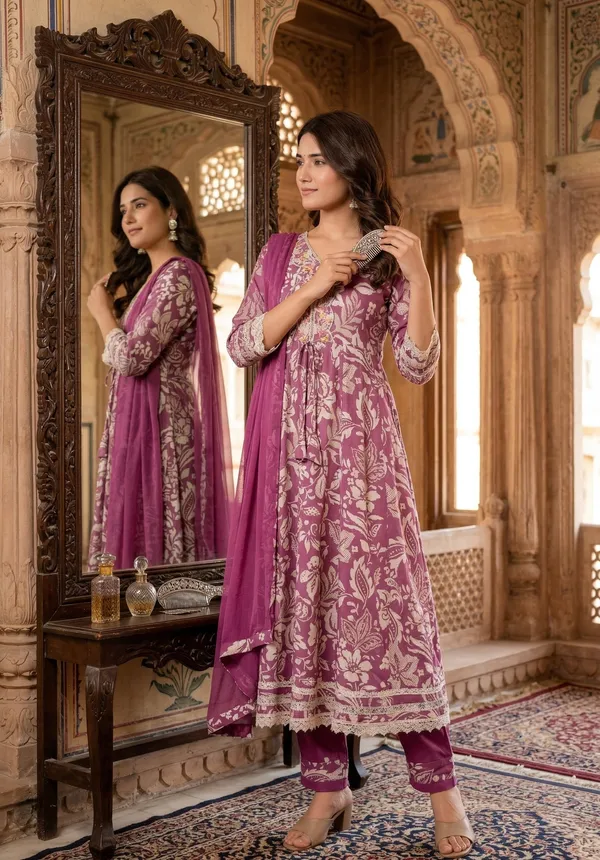 Womens_Mauve_Floral_Printed_Rayon_Kurti_Pant_Dupatta_Set_With_V-Neck_Embroidered_Panel_And_Flared_Design
