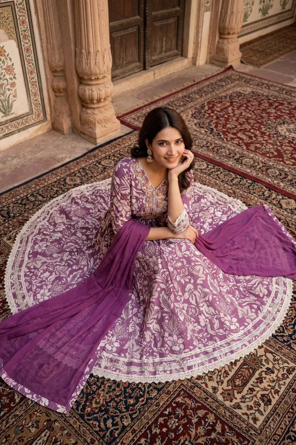 Womens_Mauve_Floral_Printed_Rayon_Kurti_Pant_Dupatta_Set_With_V-Neck_Embroidered_Panel_And_Flared_Design